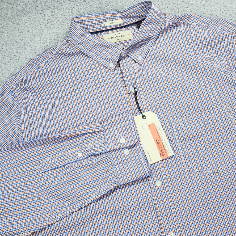 Hawker Rye Essential Wash Stretch Shirt Mens 2XL Blue Orange Check Button Up NEW